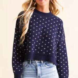 Free People Easy Street Cropped Crew Neck Sweater Navy Patterned – Size M – NWT